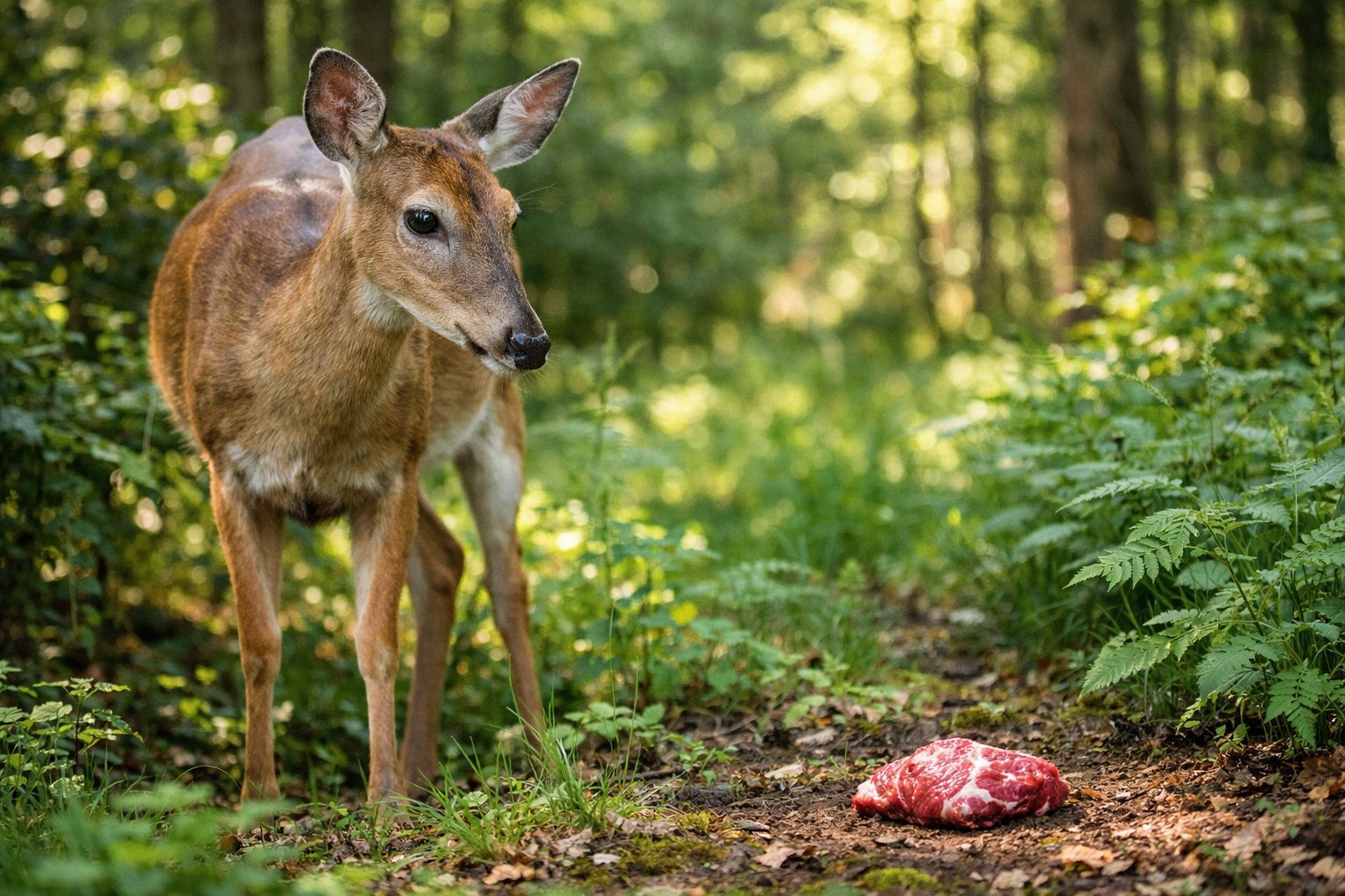 A deer standing in a forest clearing looking at a piece of raw meat on the ground.