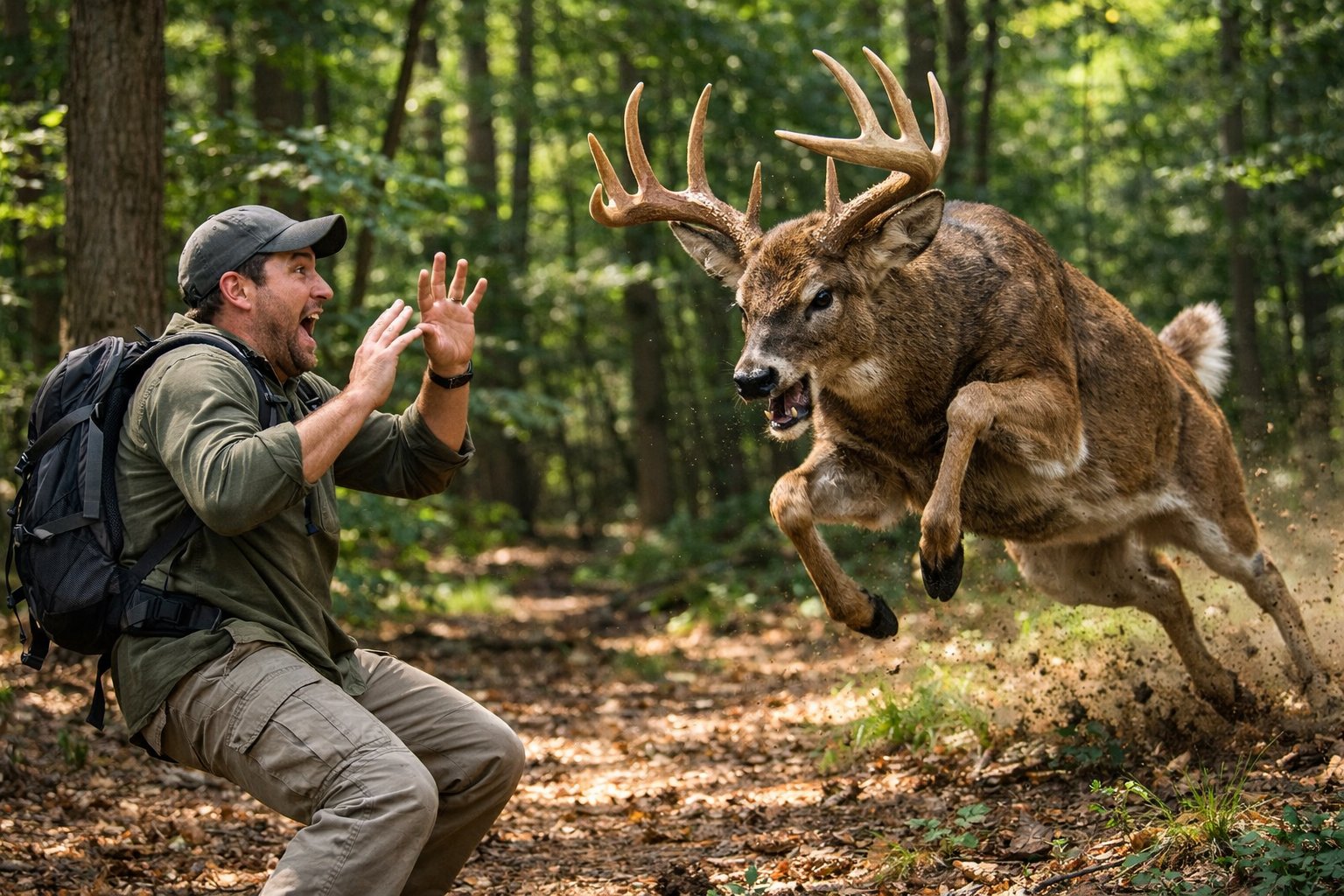 A man in a forest defensively reacting as a deer charges toward him.