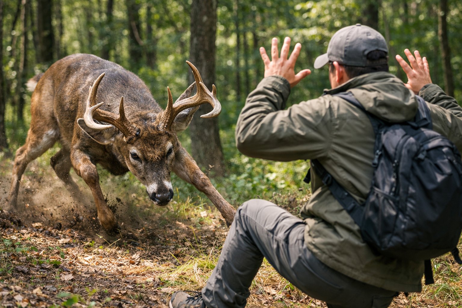 A person in a forest reacting defensively as an aggressive deer charges toward them.