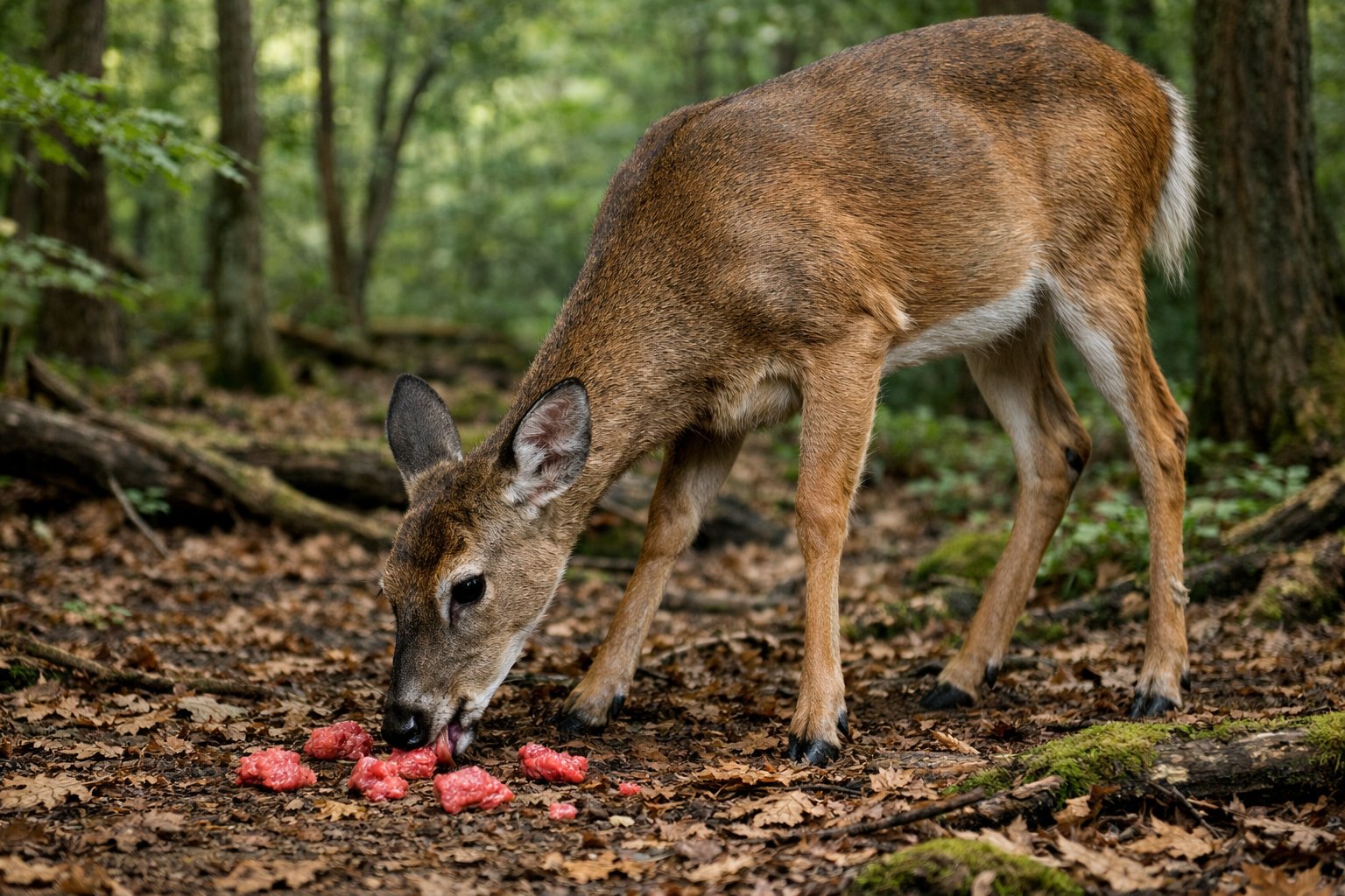 A deer in a forest eating small pieces of meat on the ground surrounded by trees and leaves.