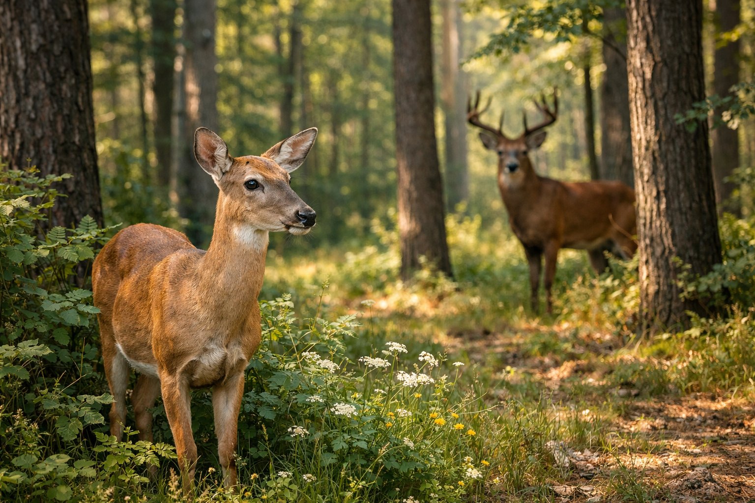 A female deer standing in a forest with a male deer visible in the background among trees.