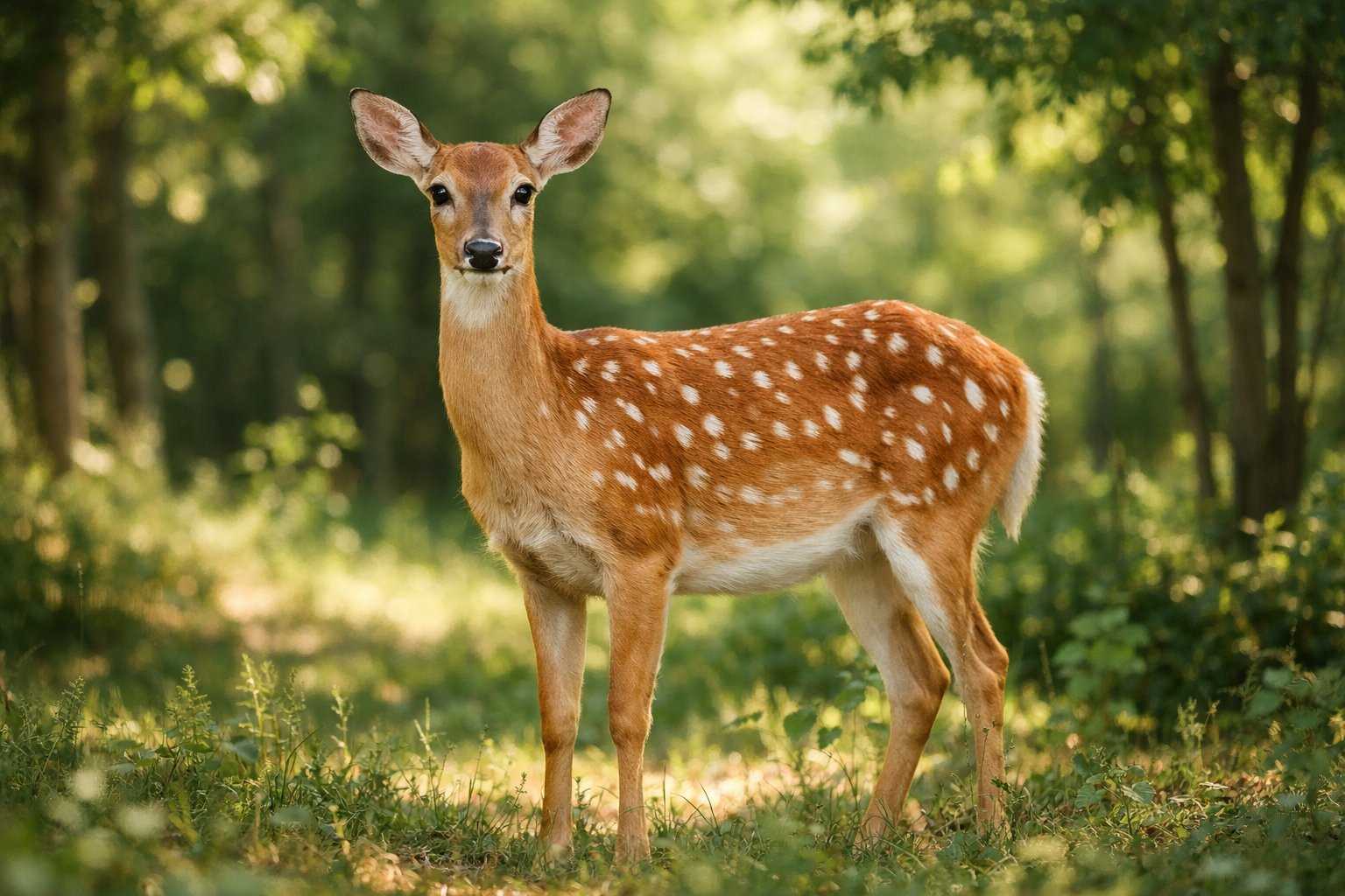 A female deer standing calmly in a sunlit forest clearing surrounded by green trees and foliage.