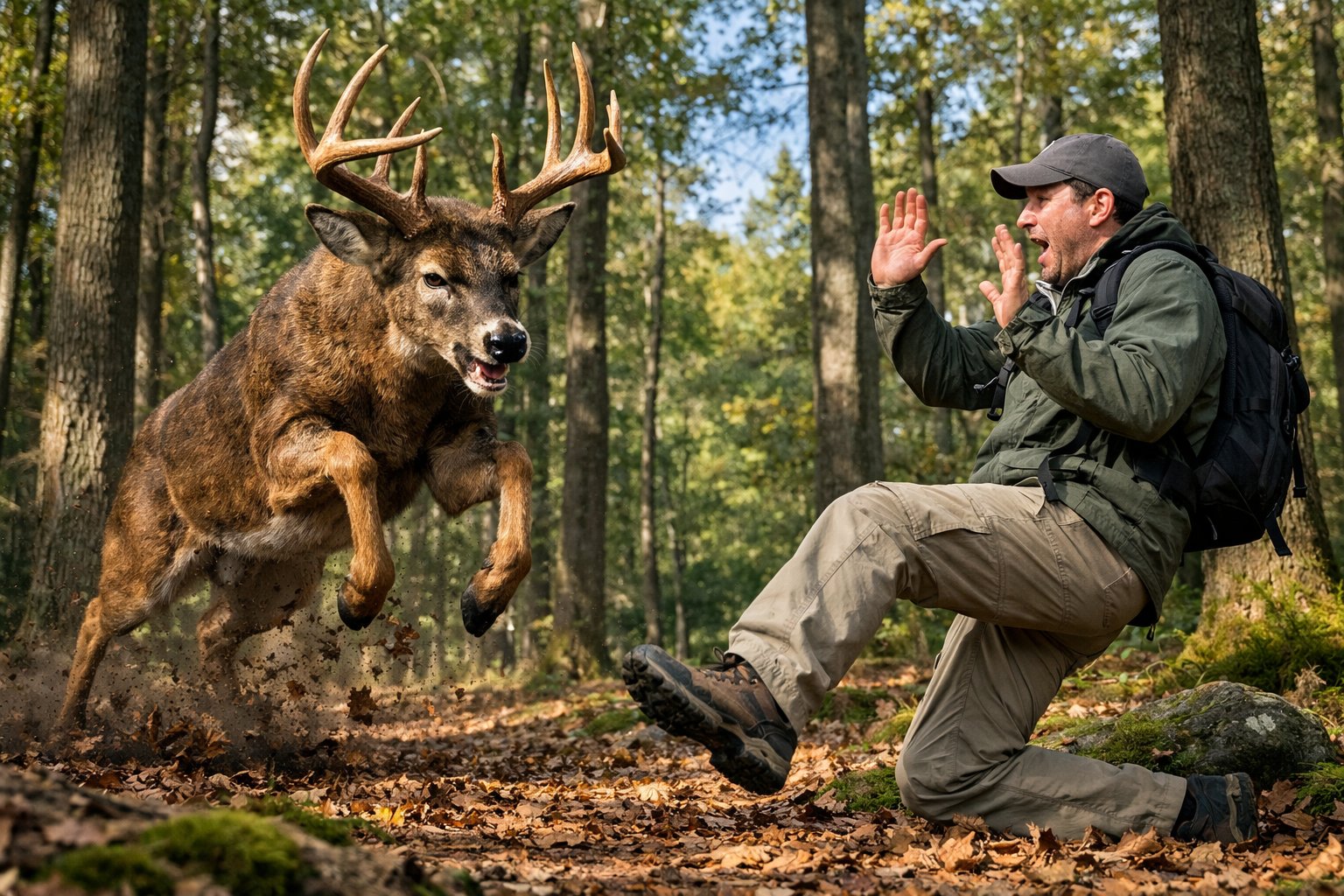 A person stepping back with raised arms as a large deer with antlers charges at them in a forest.