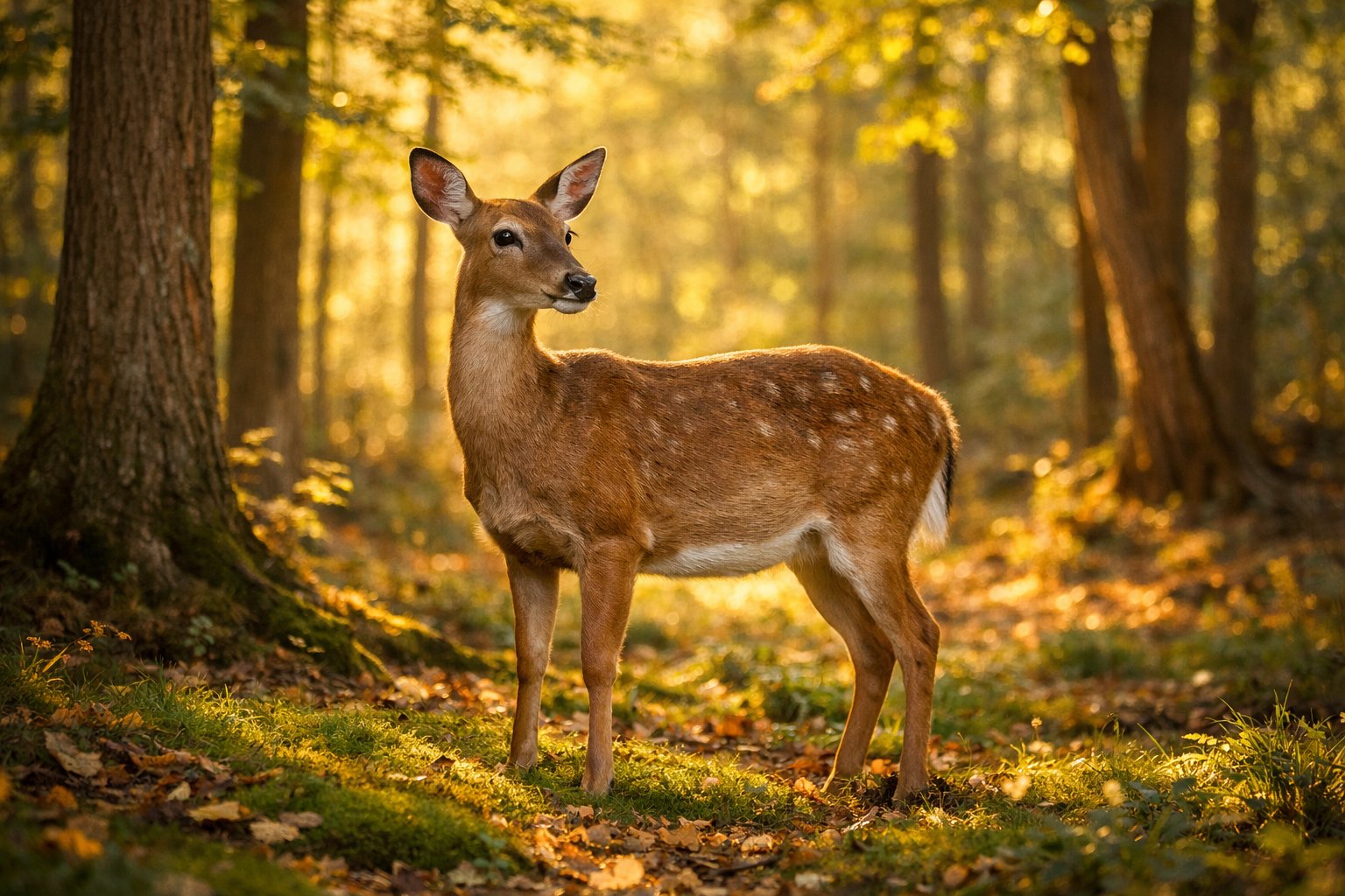 A female deer standing calmly in a sunlit forest with trees and green foliage around her.