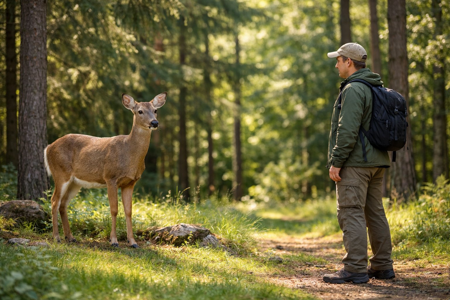 A person standing calmly at a safe distance from a deer in a forest during daytime.