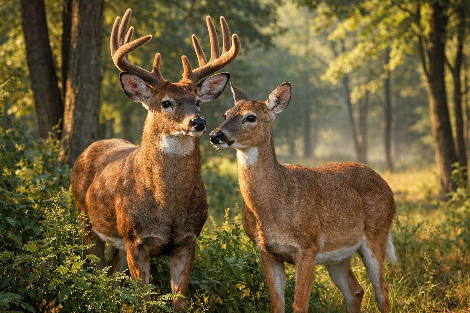 Two deer standing close together in a forest with sunlight filtering through the trees.