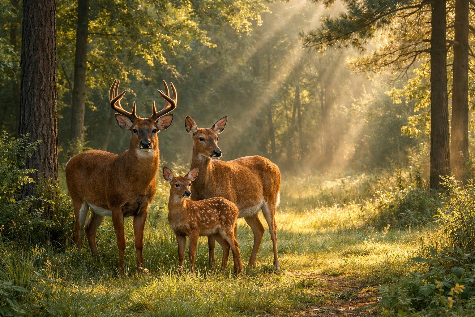 A group of deer including a buck, a doe, and a fawn standing together in a forest clearing with sunlight filtering through the trees.