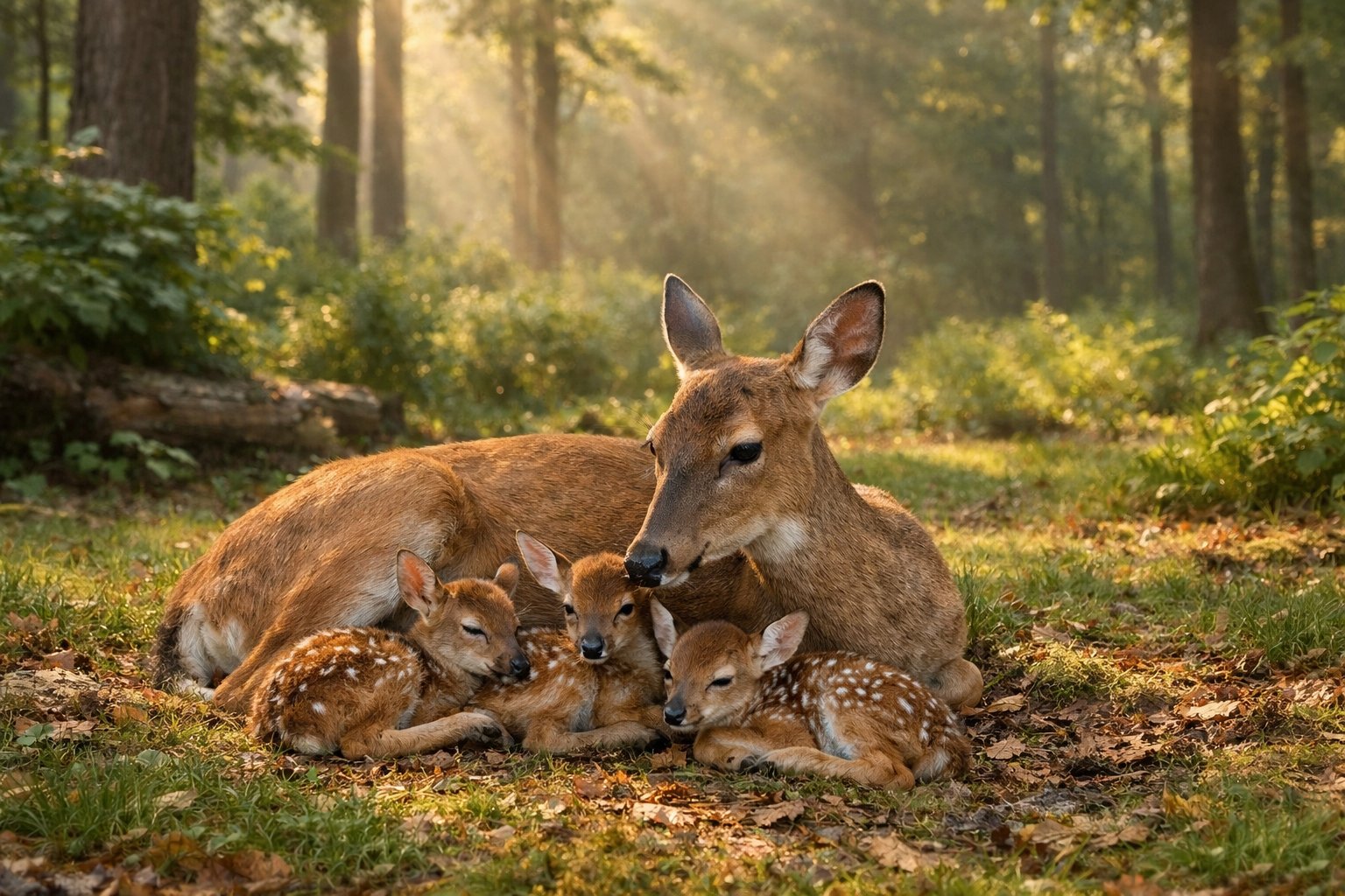 A mother deer lying in a forest clearing with two or three newborn fawns resting beside her.