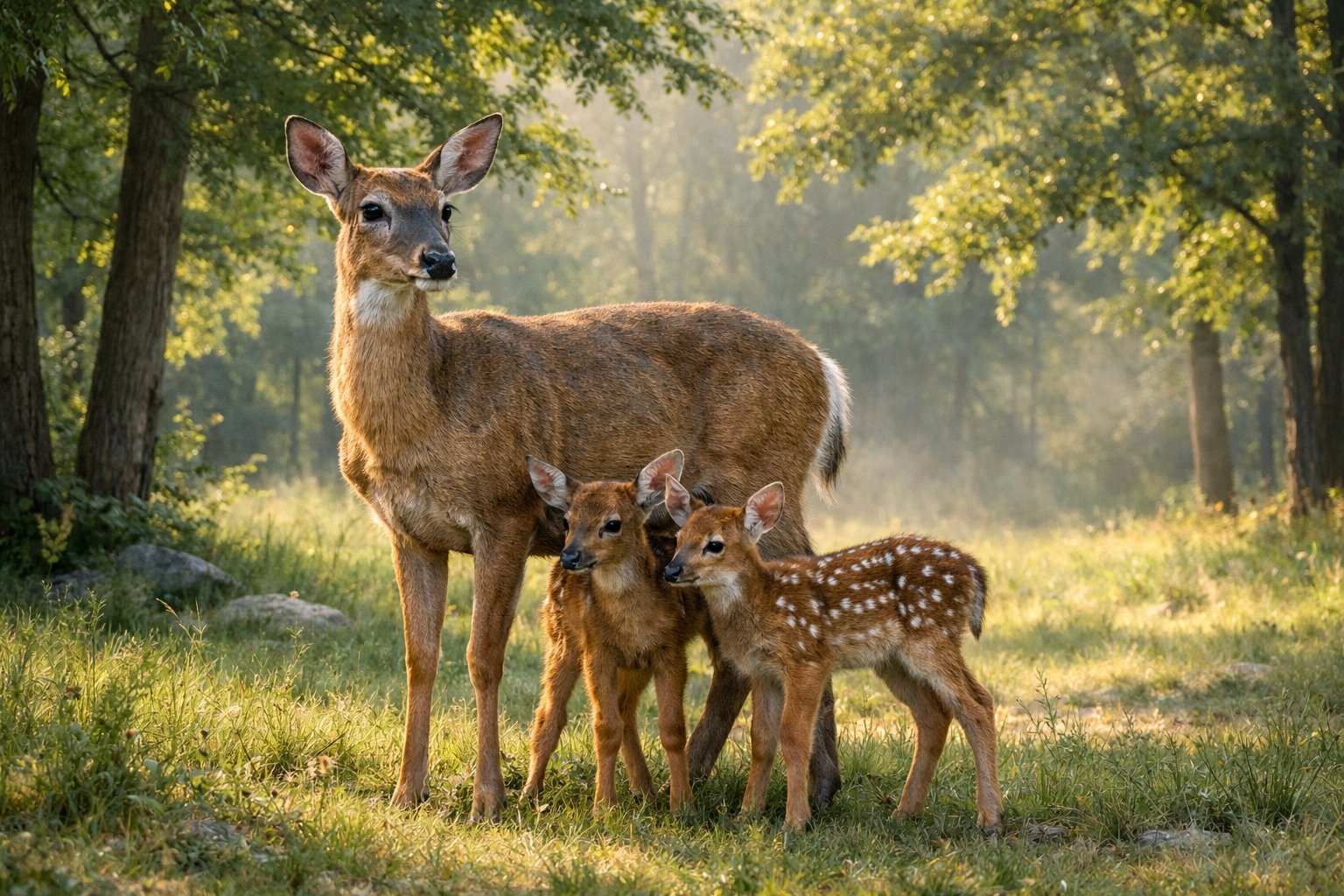 A mother deer standing with two young fawns in a forest clearing with sunlight filtering through the trees.