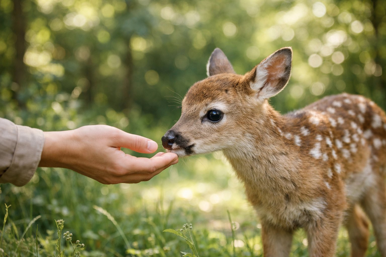 A person gently reaching out to touch a calm baby deer in a sunlit forest clearing.