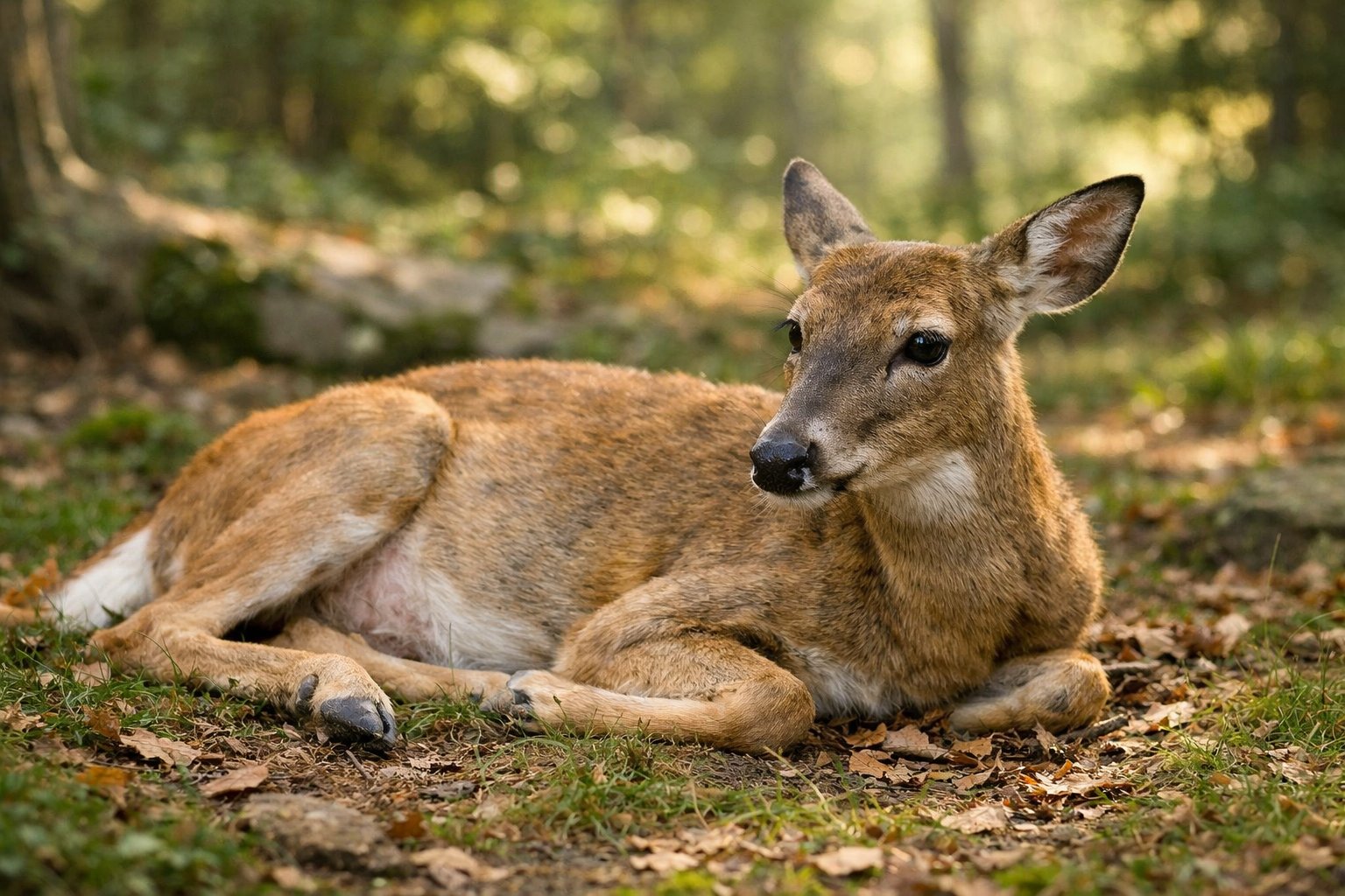 A deer lying down on the forest floor, unable to stand up, surrounded by grass and trees.