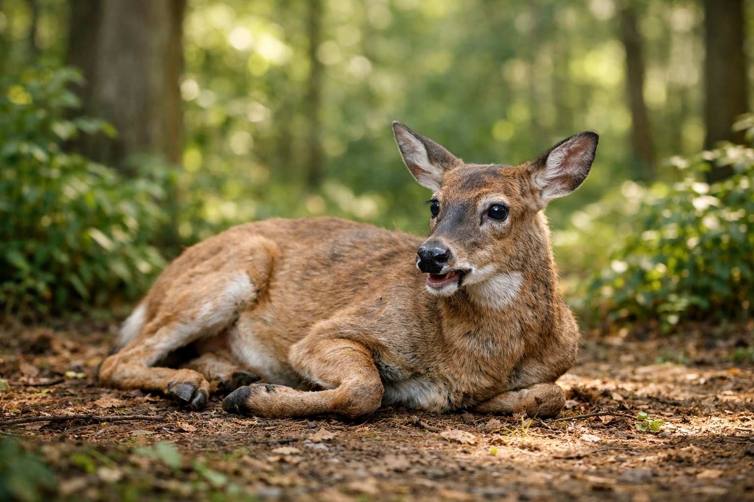 A deer lying on the ground in a forest, unable to stand up, surrounded by green trees and sunlight.