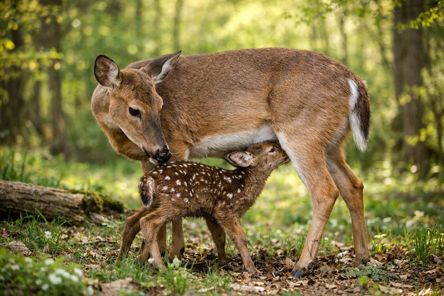 A mother deer nursing her newborn fawn in a green forest with sunlight filtering through the trees.