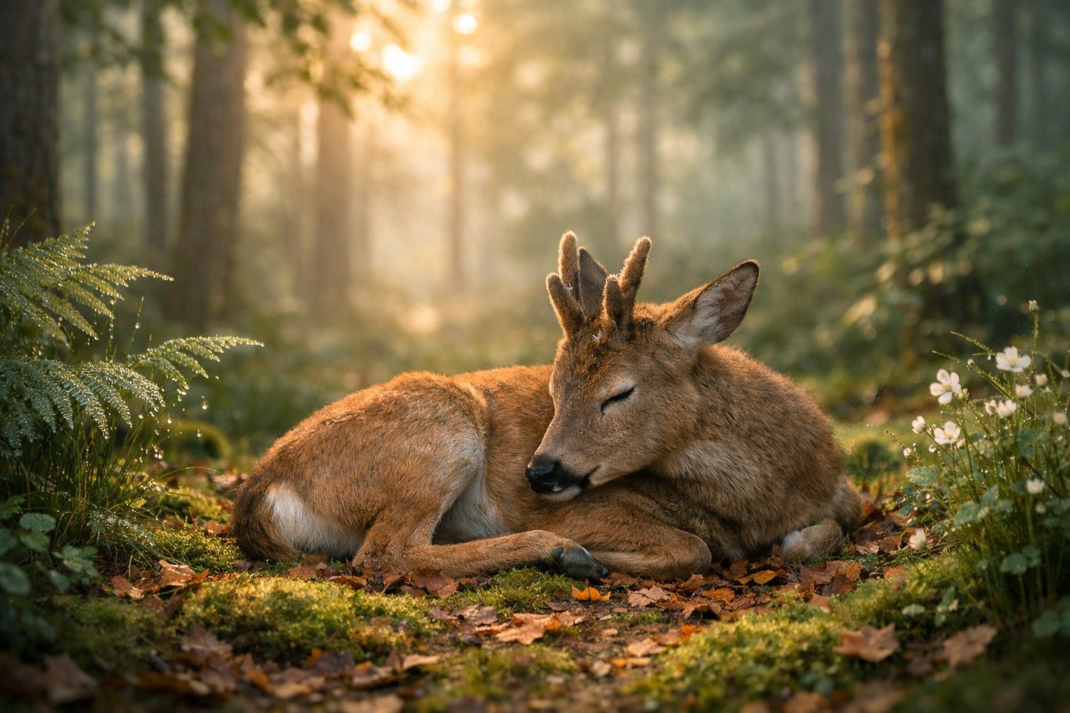 A deer resting quietly on the forest floor surrounded by trees and plants at dawn.