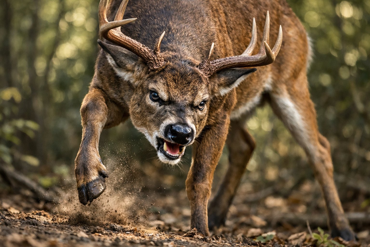 An angry deer in a forest, stomping its hoof with ears pinned back and tense expression.