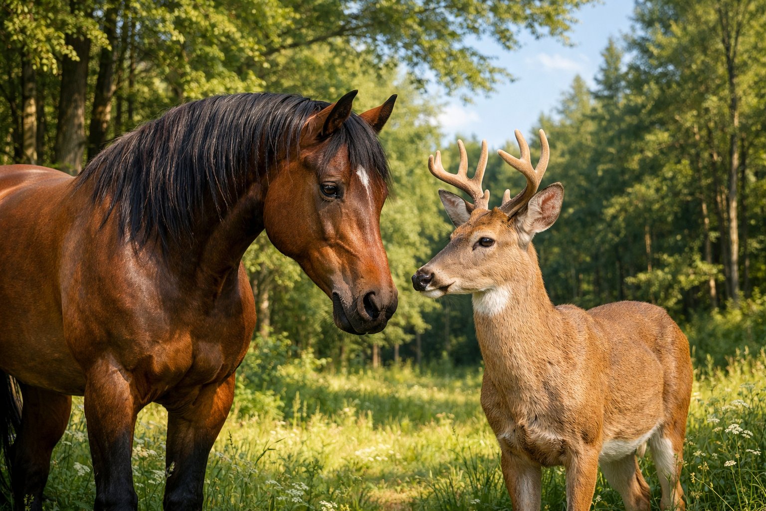 A horse and a deer standing close together in a sunlit forest clearing surrounded by trees.