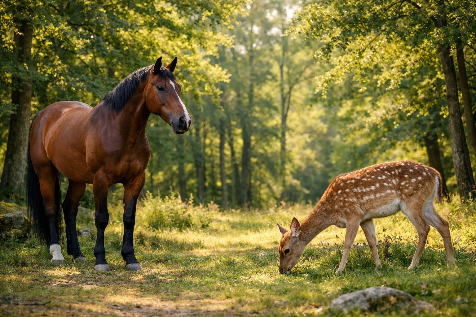A brown horse and a spotted deer standing together in a green forest clearing with trees and sunlight in the background.