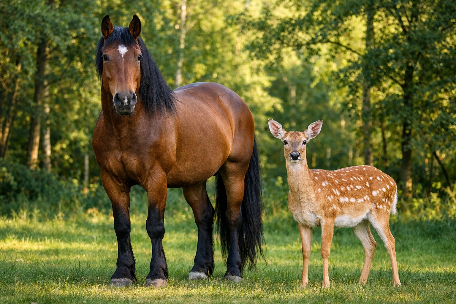 A horse and a deer standing side by side in a green forest clearing with sunlight filtering through trees.