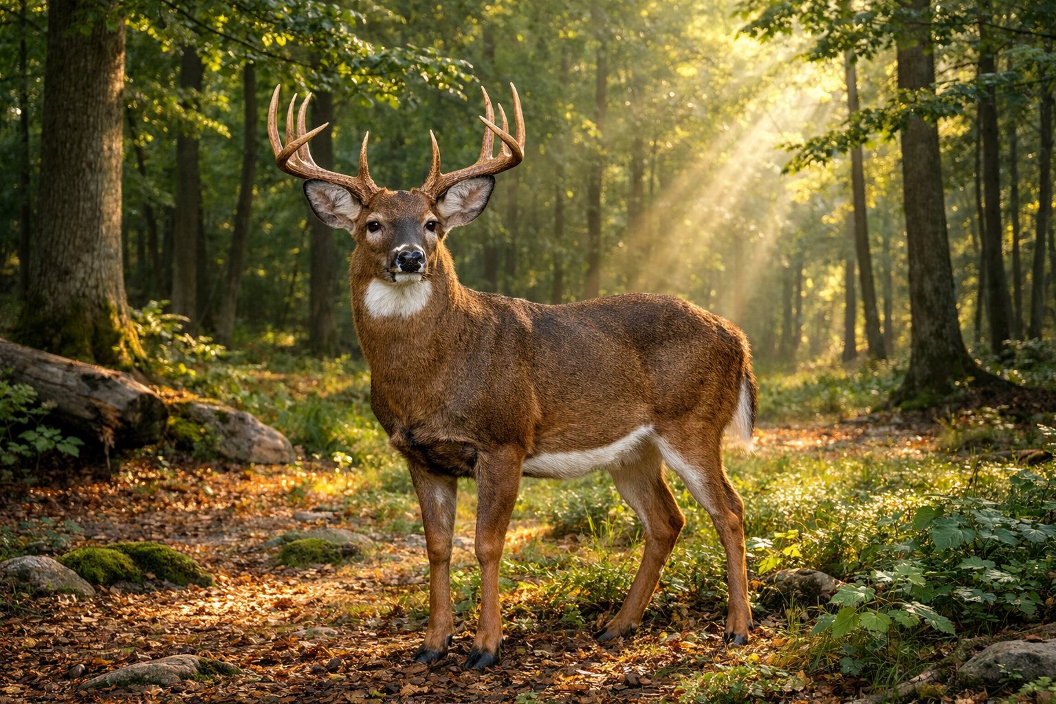 A deer standing alert in a sunlit forest clearing surrounded by green trees and plants.