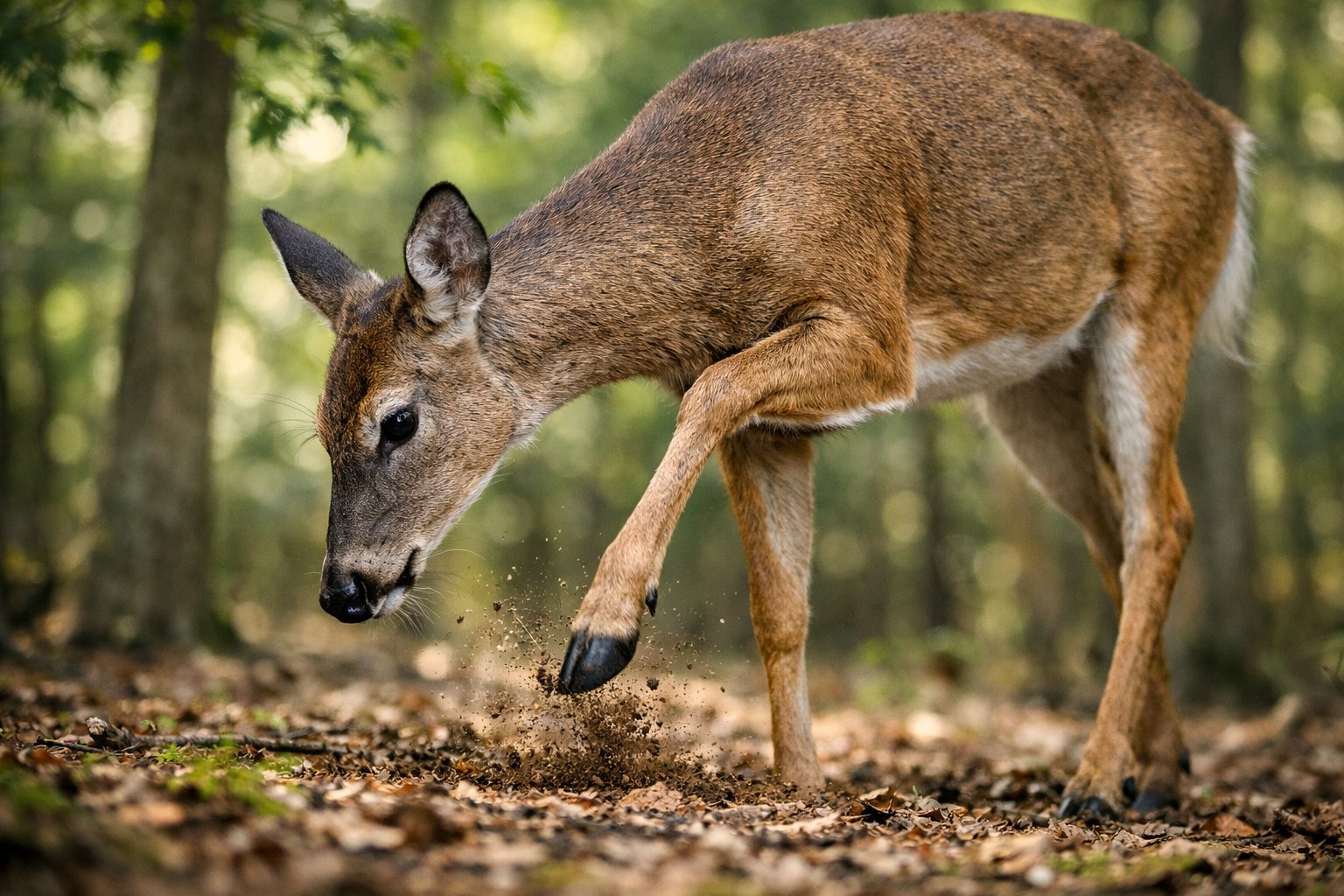 A deer in a forest lifting its front hoof as if stomping the ground, surrounded by trees and sunlight.
