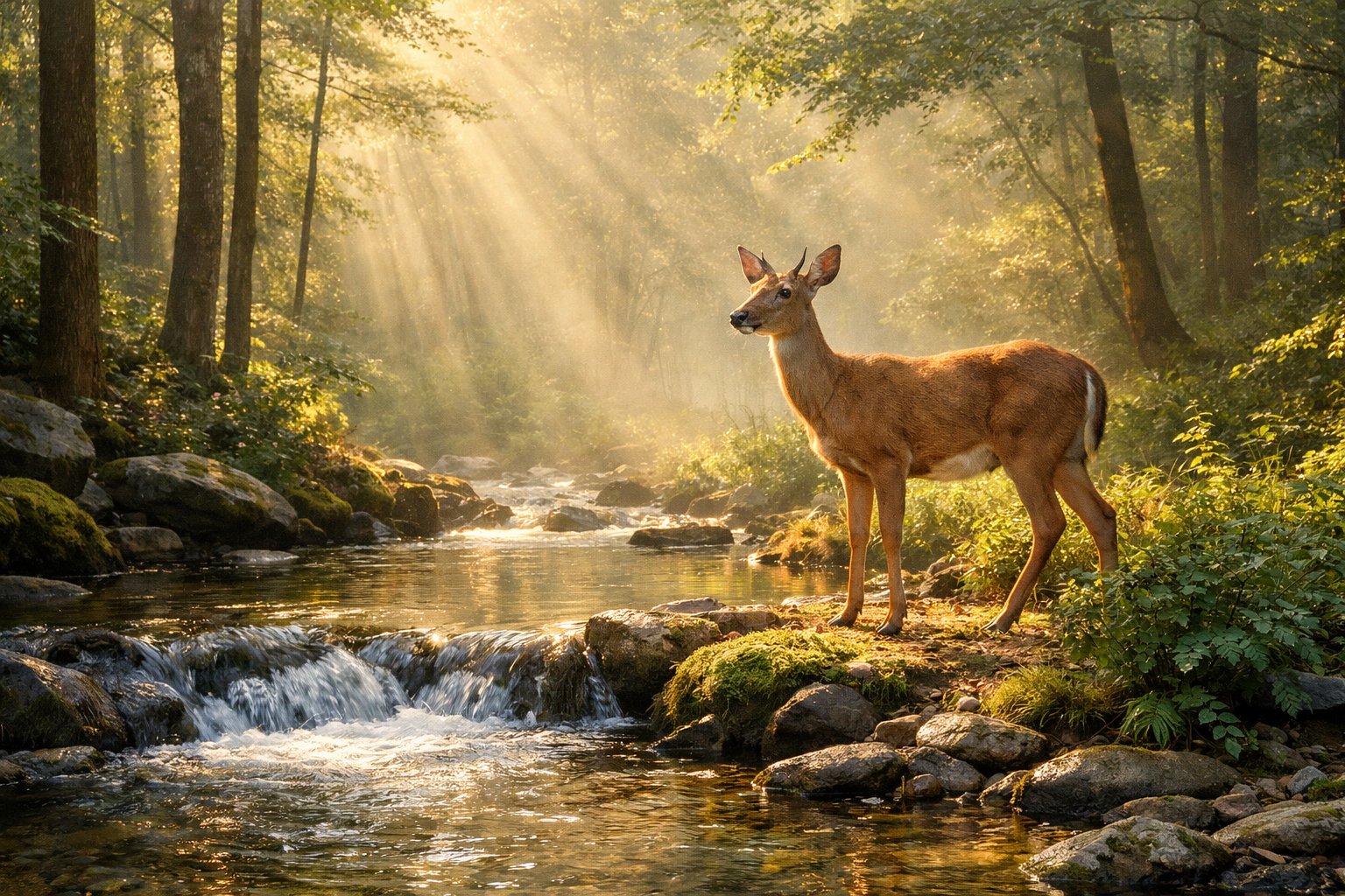 A graceful deer standing by a clear stream in a peaceful forest with sunlight filtering through the trees.