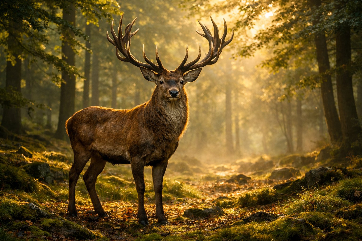 A majestic deer with large antlers standing in a sunlit forest clearing surrounded by trees and moss.
