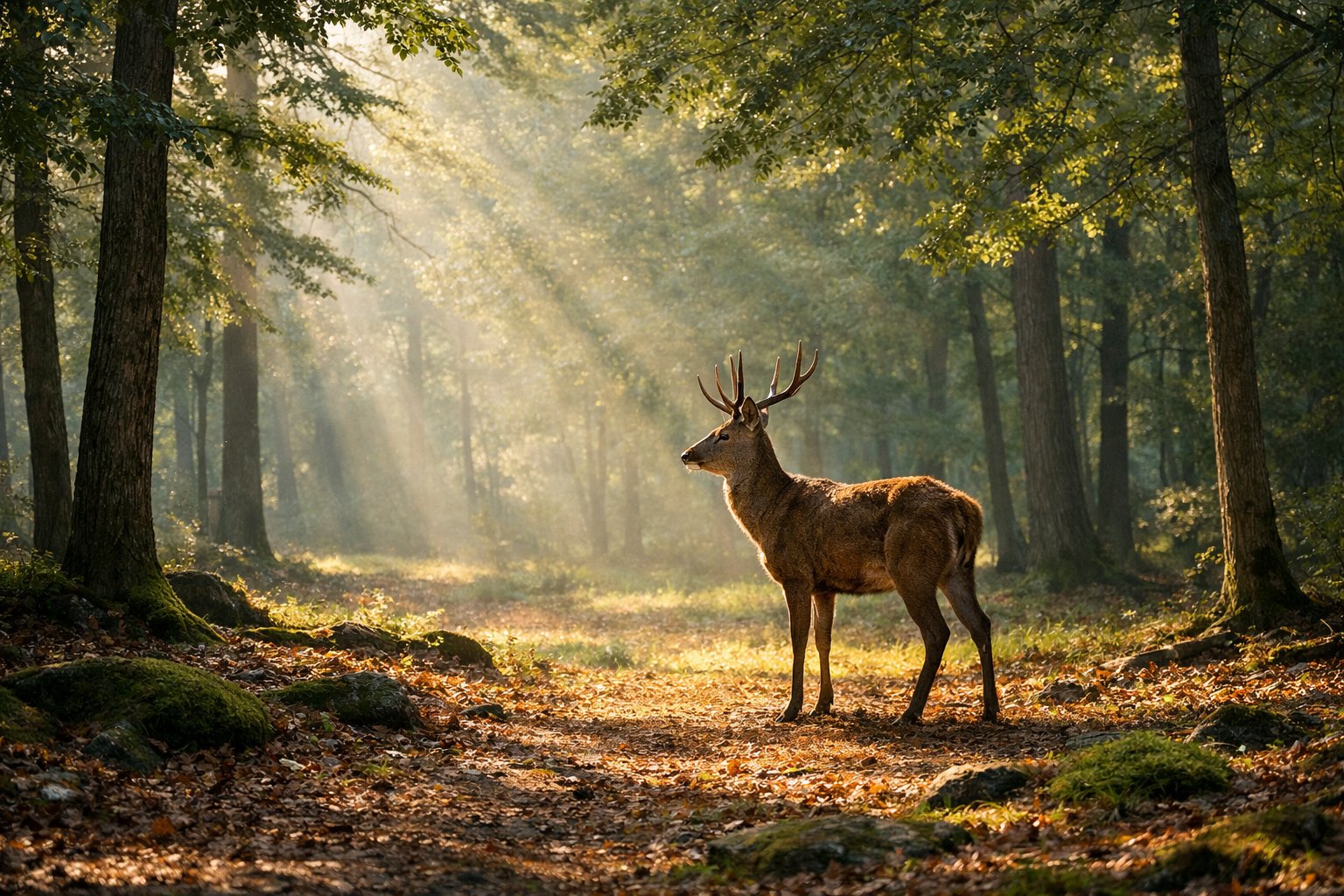 A lone deer standing in a sunlit forest clearing surrounded by trees and greenery.
