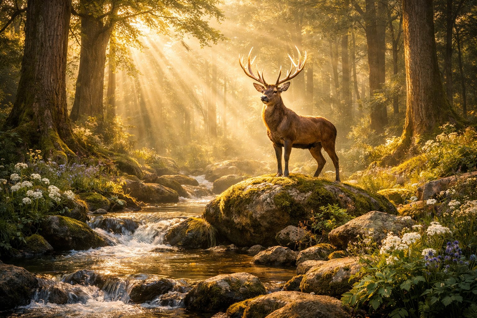 A graceful deer with large antlers standing on a mossy rock beside a clear stream in a peaceful forest at sunrise.