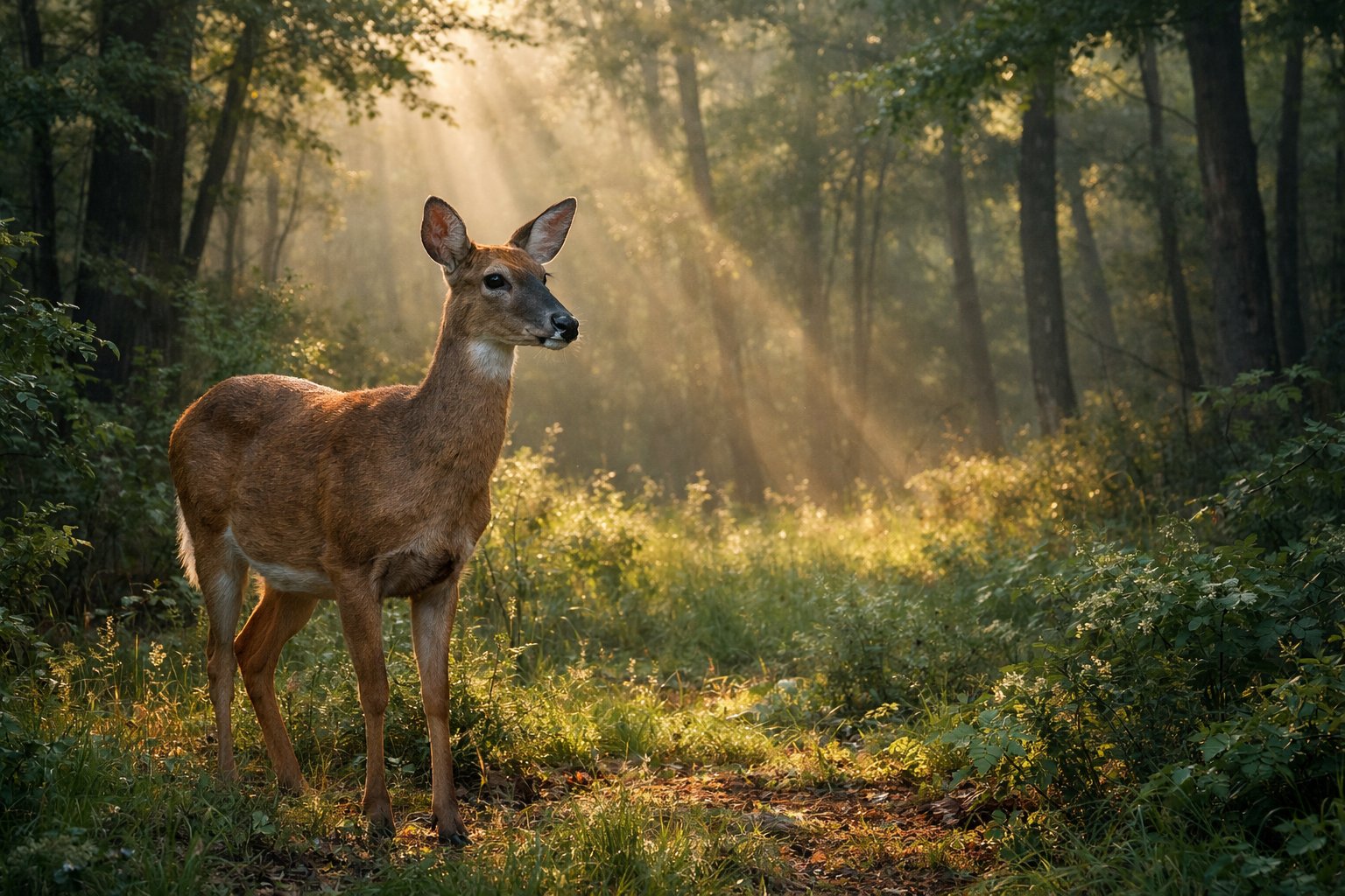 A lone deer standing quietly in a forest with sunlight filtering through the trees.