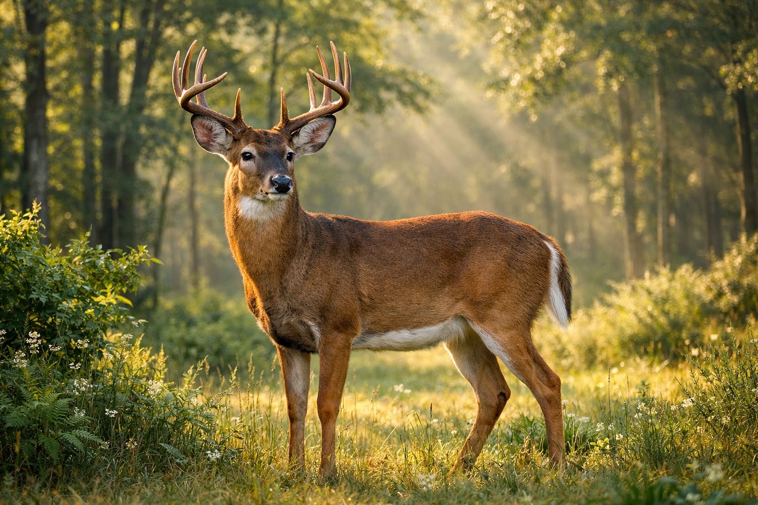 An adult deer standing in a sunlit forest clearing surrounded by green trees and plants.