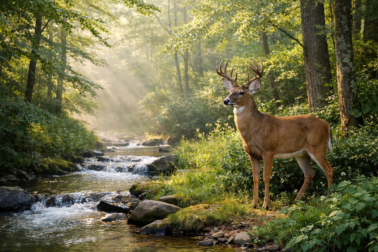 An adult deer standing in a green forest near a stream with trees and plants surrounding it.