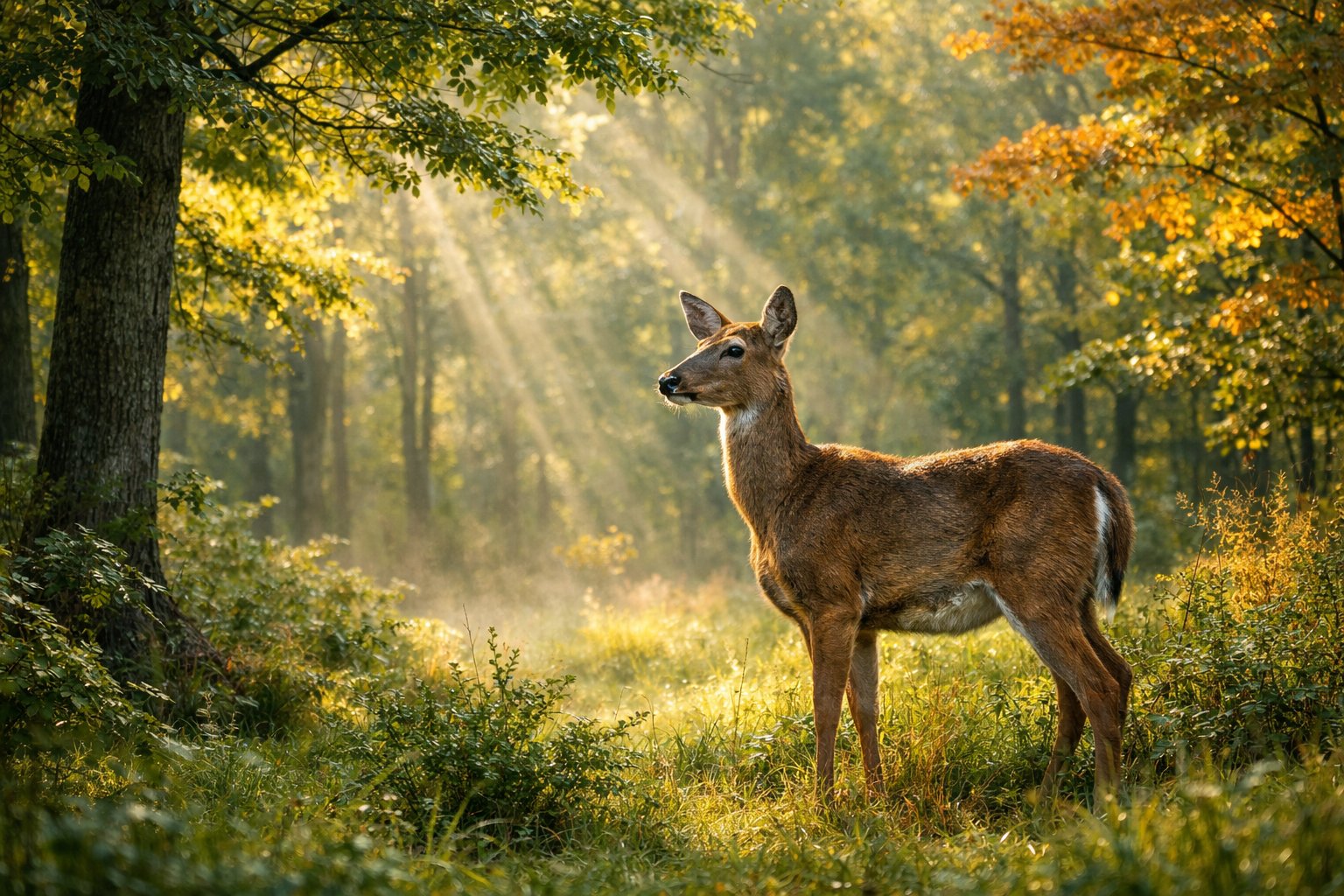 An adult deer standing quietly in a sunlit forest surrounded by green trees and plants.
