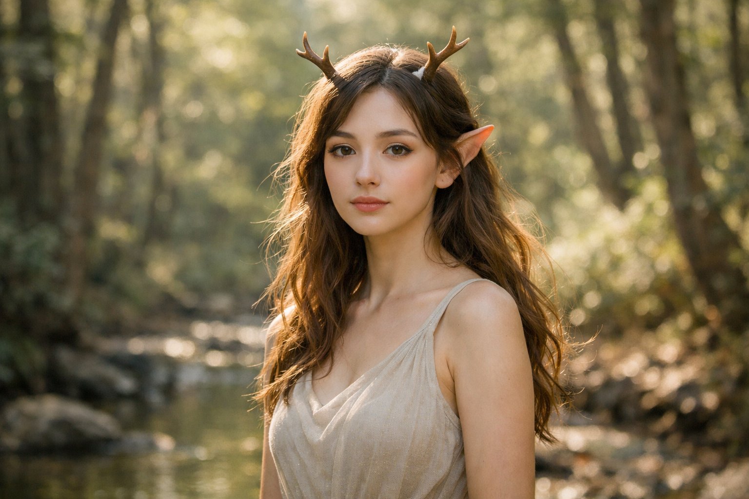 A young woman with small antlers standing peacefully in a forest surrounded by trees and soft sunlight.