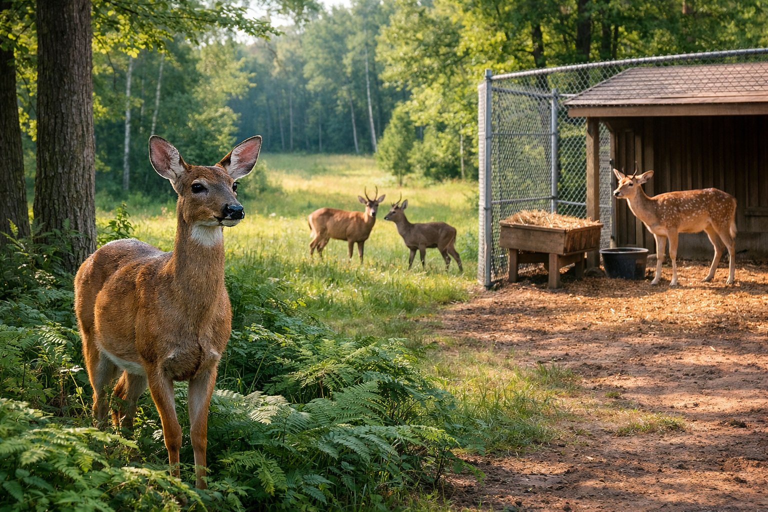 A group of different deer species in a forest and a fenced enclosure, showing natural habitat and captivity settings.