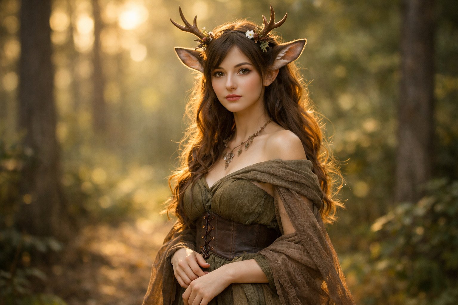 A young woman standing in a sunlit forest wearing a natural antler headpiece and earthy clothing.