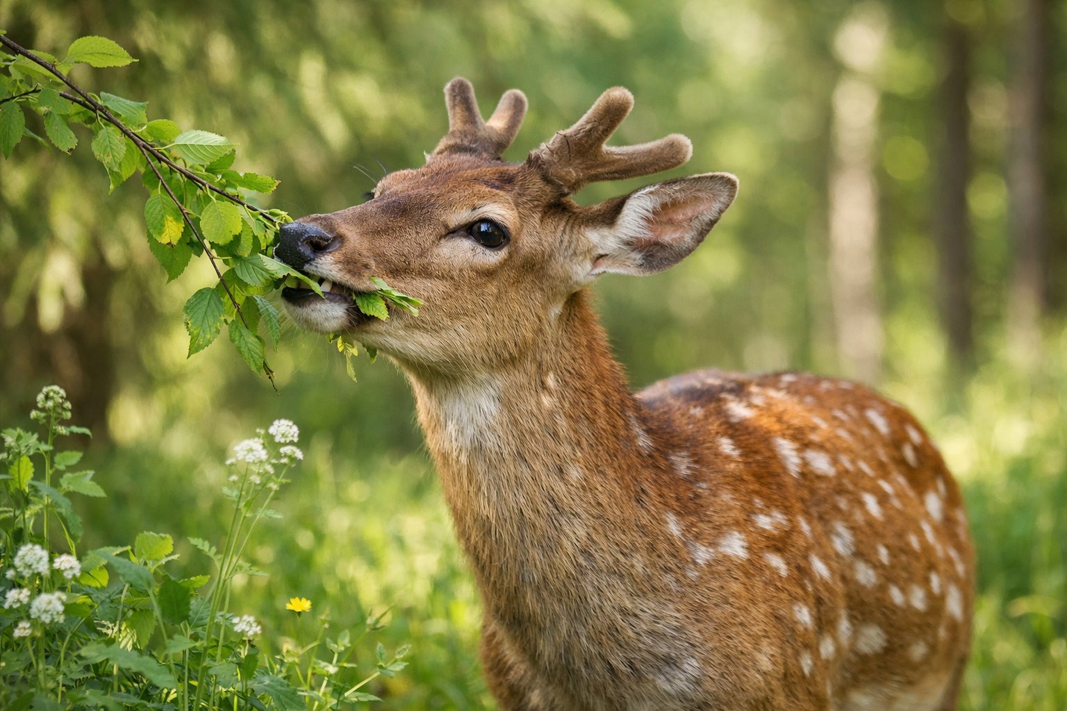 A deer eating green leaves from a branch in a forest clearing.