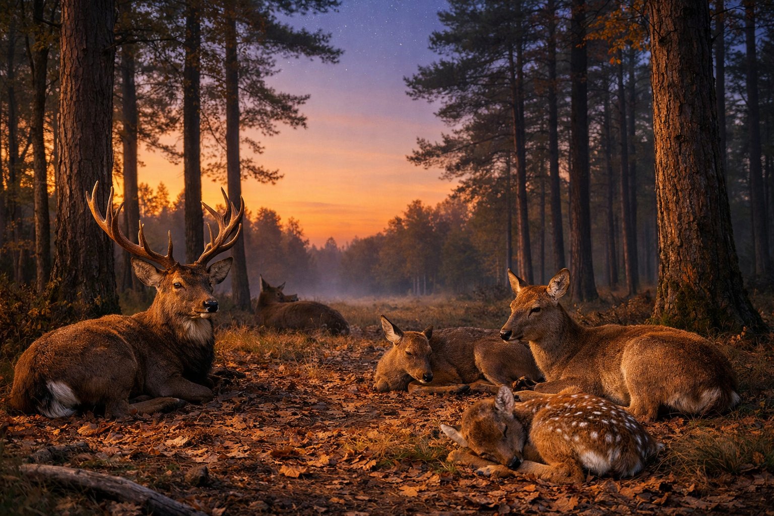Deer resting on the forest floor at dusk among tall trees with a colorful sky.