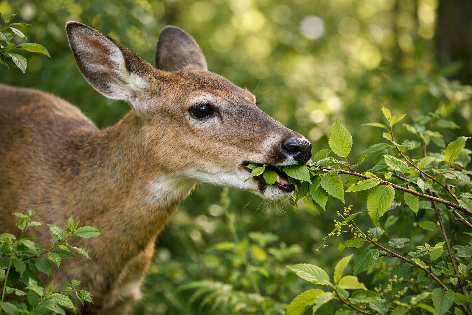 A deer grazing on green leaves and plants in a forest during daylight.