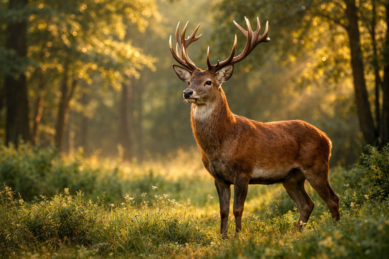 A deer standing in a sunlit forest clearing surrounded by green trees and foliage.