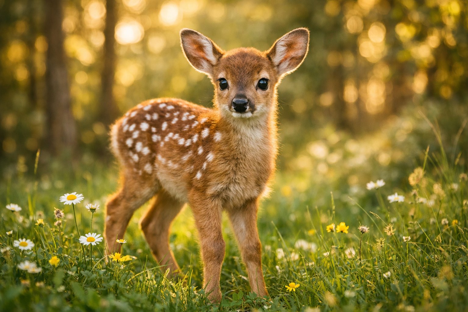 A baby deer standing on grass in a forest with sunlight filtering through the trees.