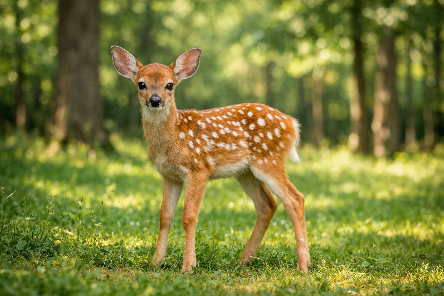 A young deer fawn standing in a green forest clearing surrounded by trees.