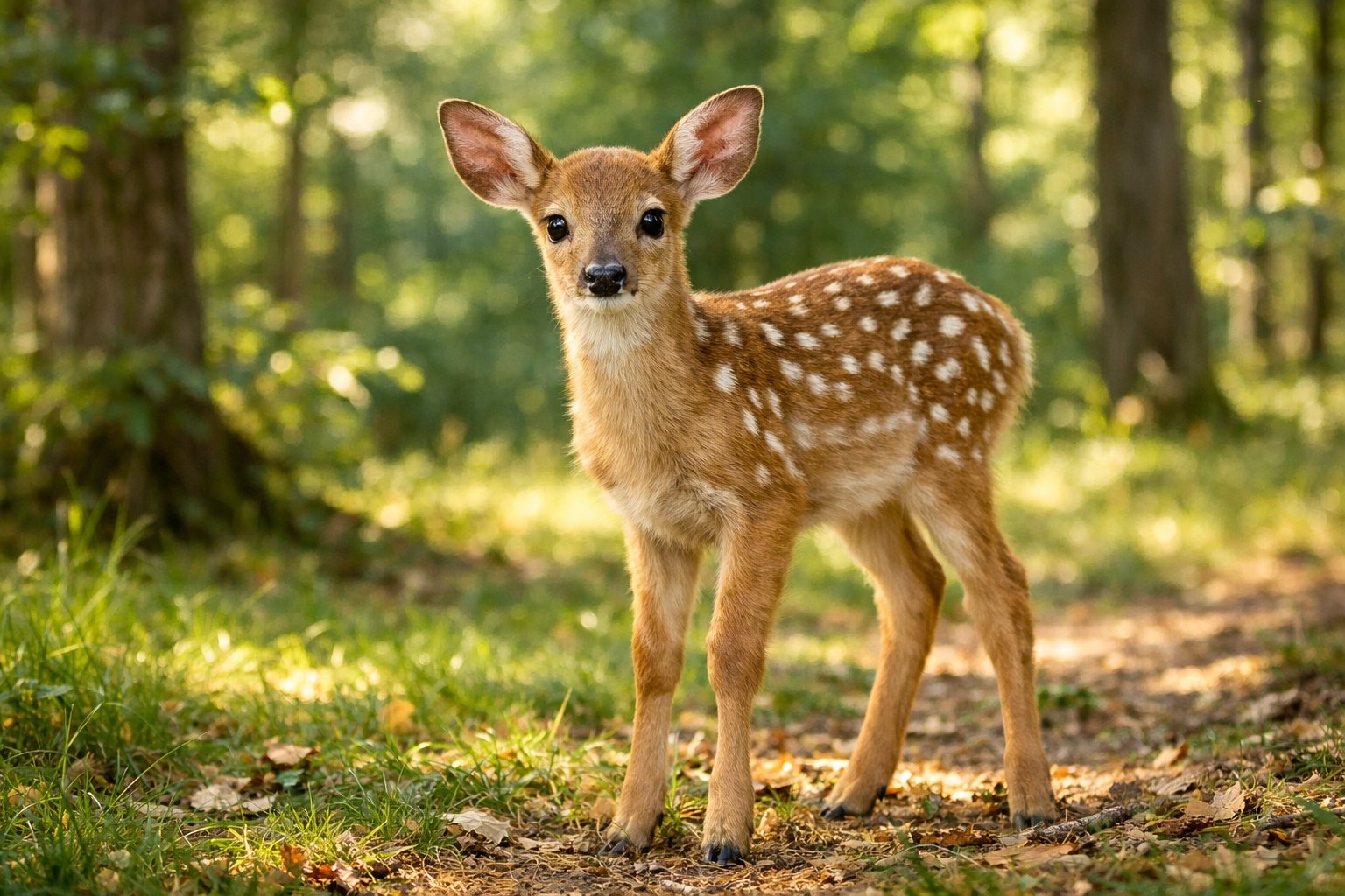A young deer fawn standing in a sunlit forest clearing surrounded by green foliage and trees.