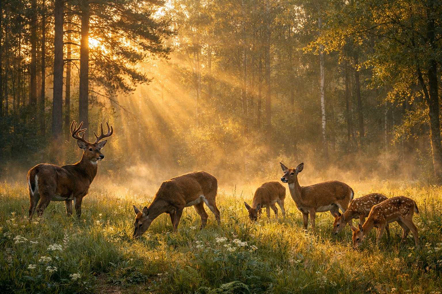 A group of deer grazing in a misty forest at dawn with sunlight filtering through the trees.