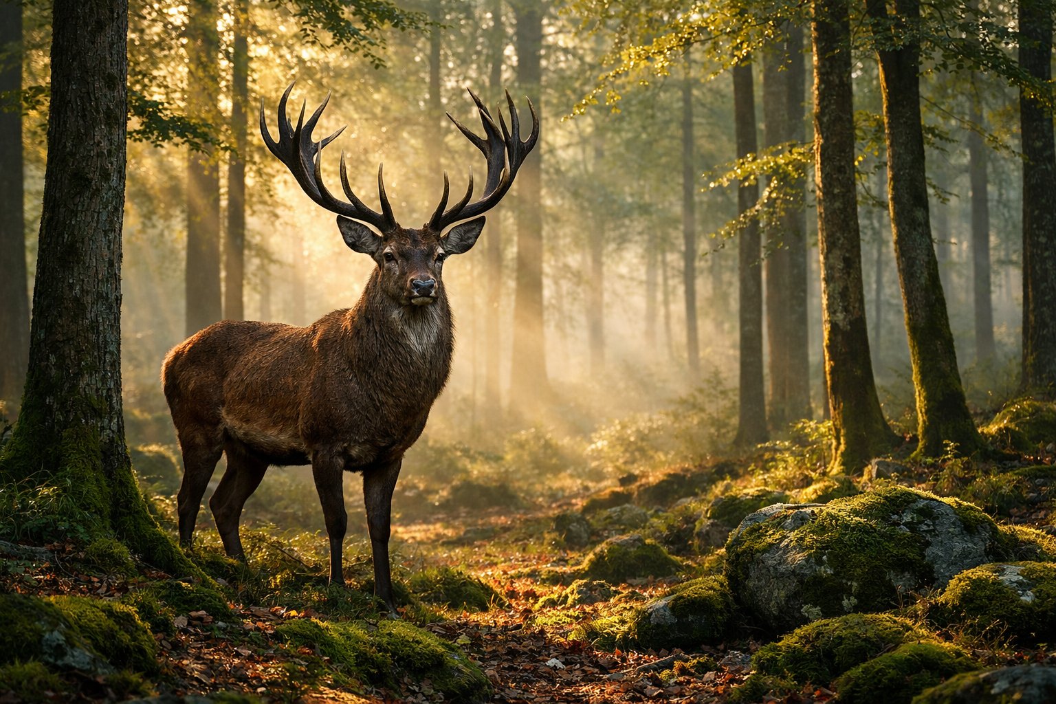 A majestic stag standing in a peaceful forest with sunlight filtering through the trees.