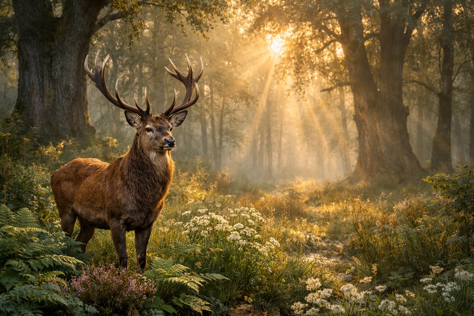A deer standing alert in a misty forest with sunlight filtering through ancient trees.