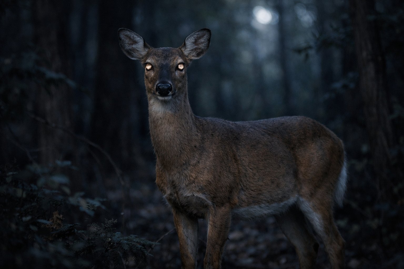 A deer standing in a dimly lit forest at dusk with its eyes reflecting light.