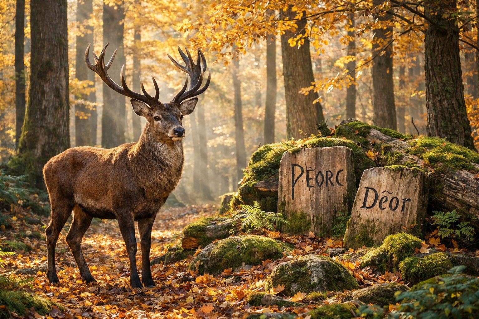 A deer standing calmly in a sunlit forest surrounded by tall trees and fallen autumn leaves.