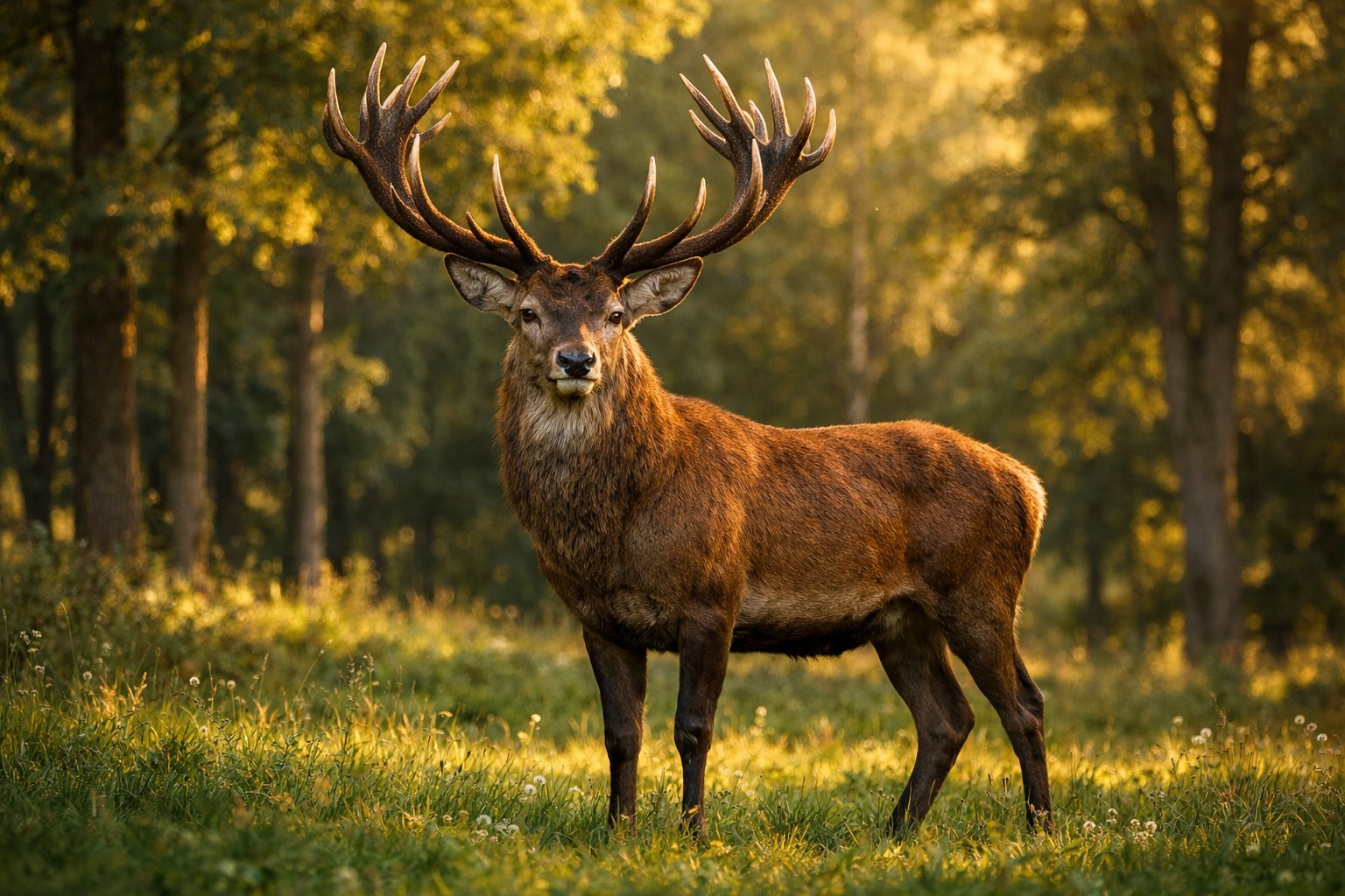 A male deer with large antlers standing in a sunlit forest clearing surrounded by trees and grass.