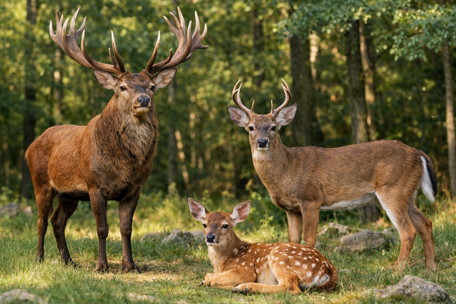 A group of male deer of different ages and species in a forest clearing with sunlight filtering through the trees.