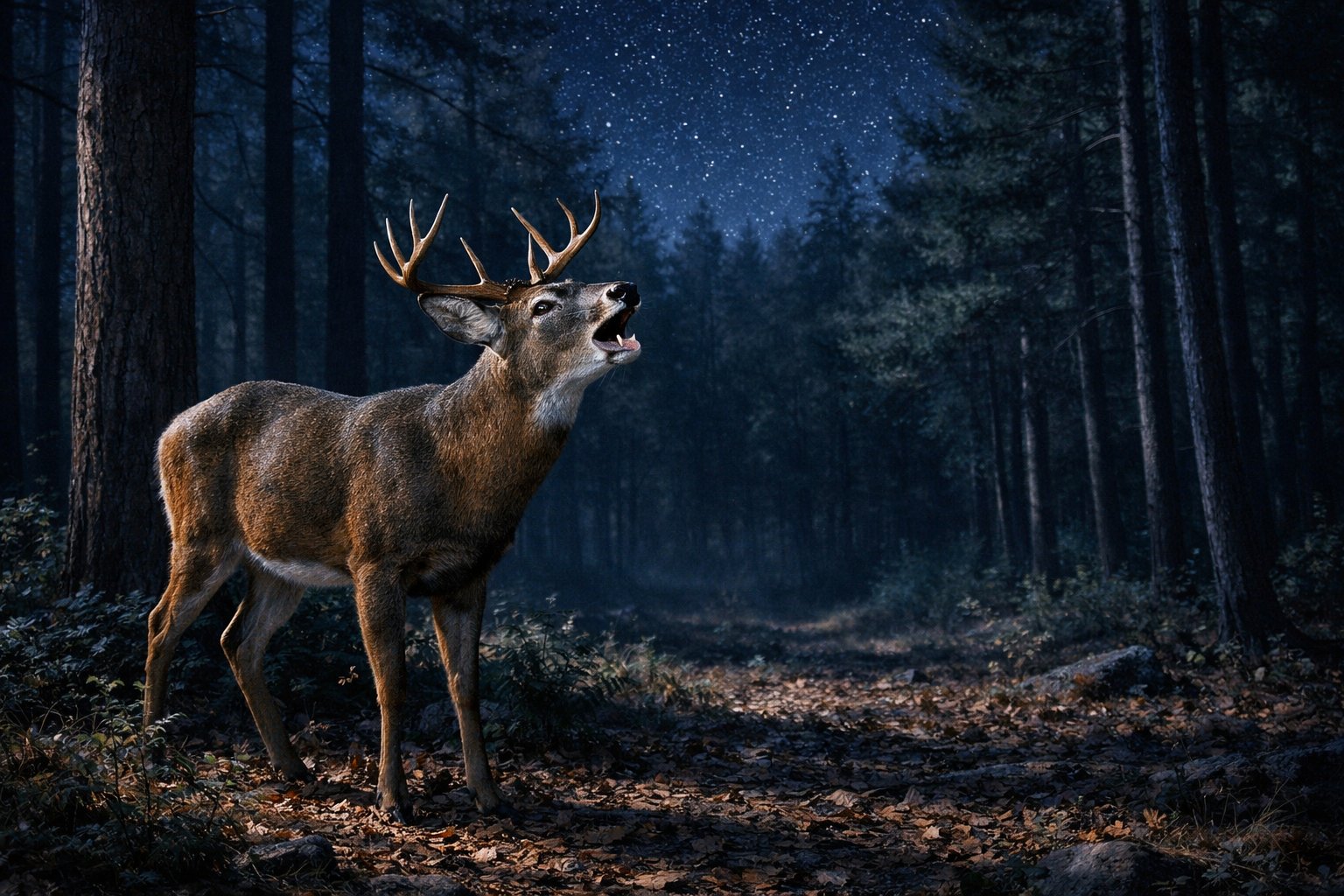 A deer standing in a nighttime forest with its mouth open as if barking, surrounded by trees and illuminated by moonlight.
